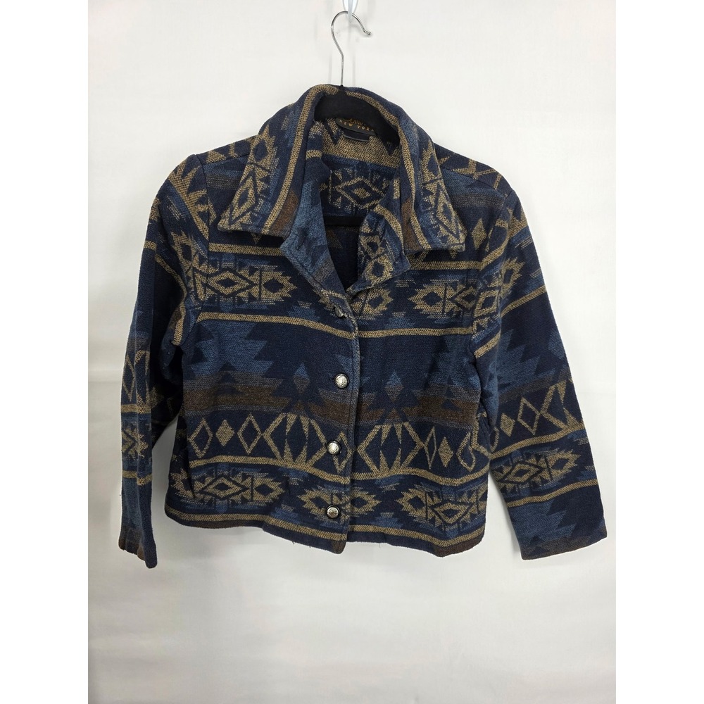 David Paul New York Southwestern Geometric Button Jacket Blue Brown Women Medium